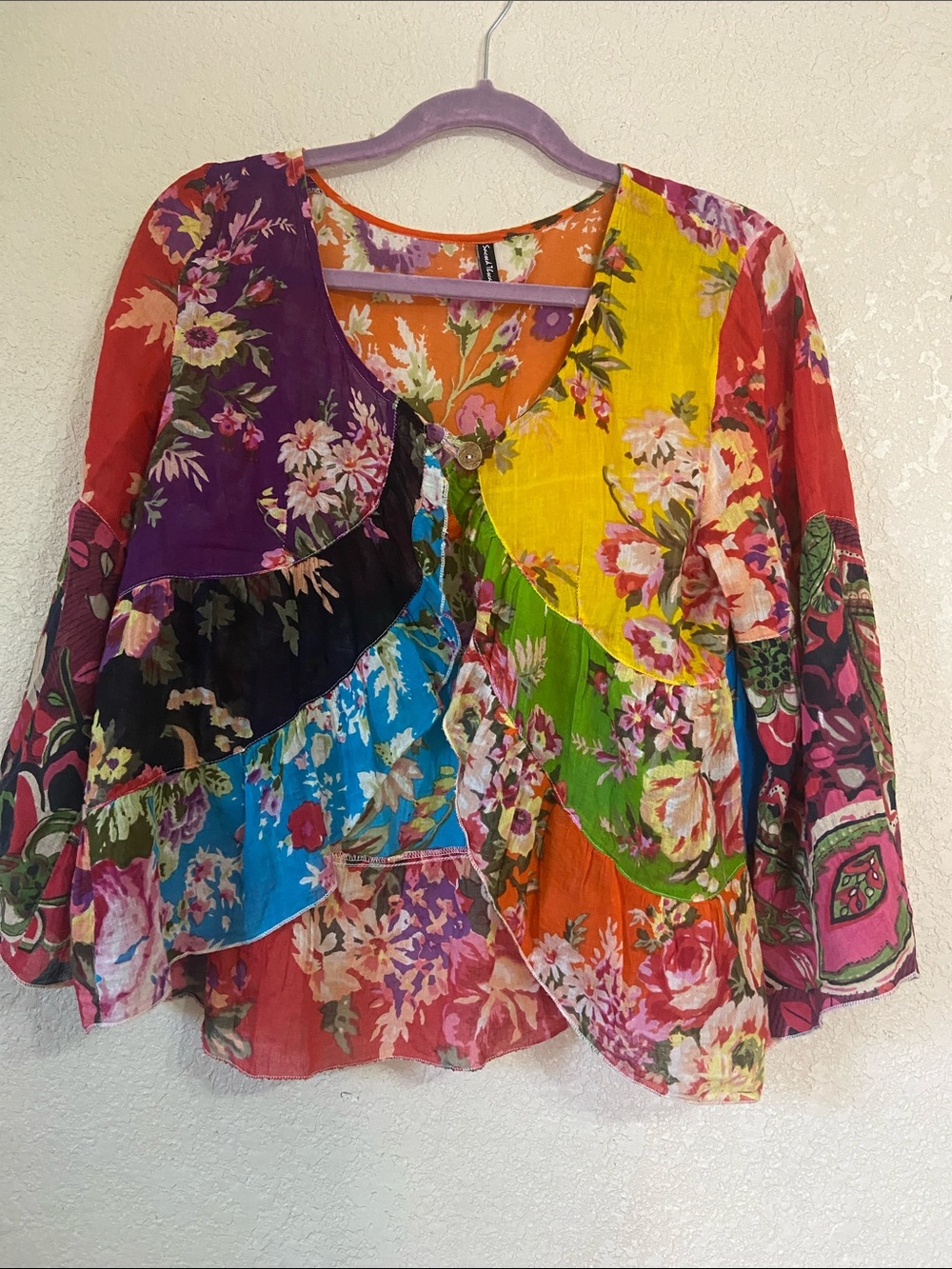 Sacred Threads Multicolor Floral Patchwork V-Neck Blouse